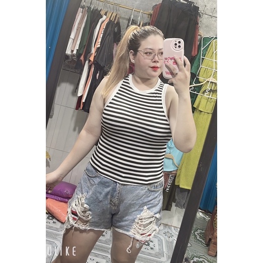 ÁO BA LỖ KẺ SỌC 55-90kg - ảnh thật mẫu béo chụp