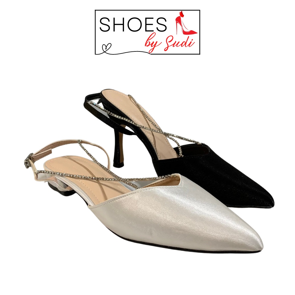 Giày cao gót slingback dây chuyền đá cao gót 7p và đế bệt SUDI SHOES  Q172 Q173 chất lụa trắng và đen sang chảnh đi tiệc