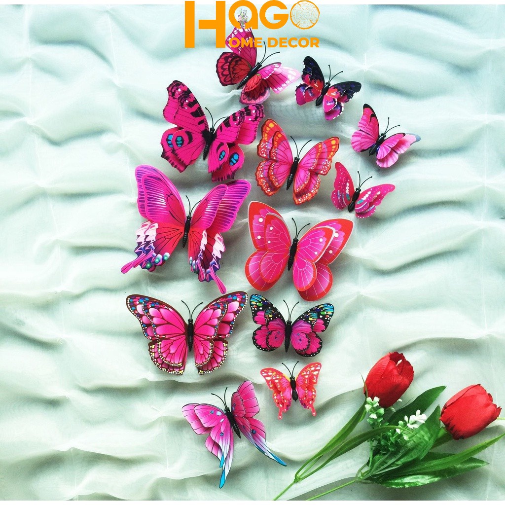 Combo 12 cánh bướm nam châm 5D cánh kép trang trí, decor, dán phòng siêu xinh