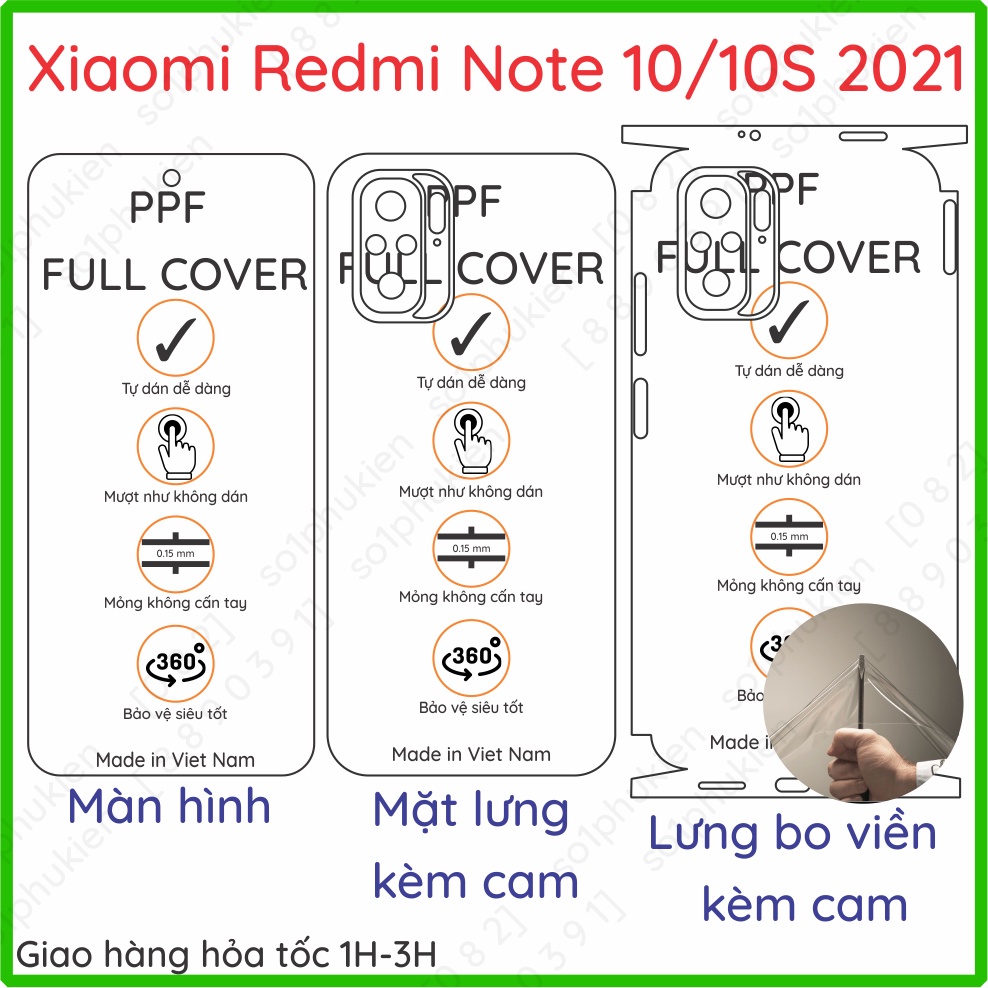 Dán PPF Xiaomi Redmi Note 10 / Note 10s (2021) loại trong, nhám dành cho màn hình, mặt lưng, full viền