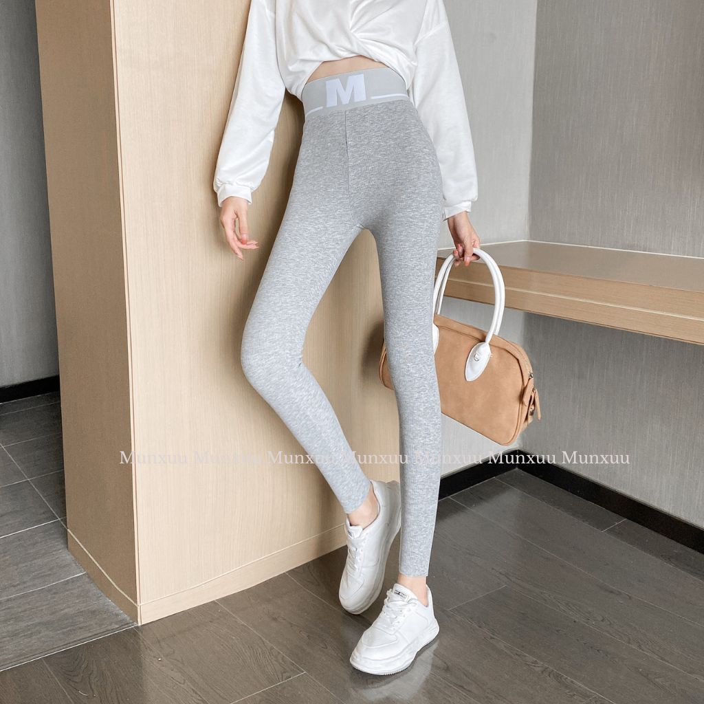 Quần legging nữ MUNXUU cạp cao viền chữ M vải len tăm co dãn cao cấp - LG01