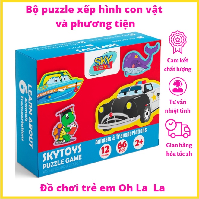 Bộ puzzle xếp hình 6 con vật và 6 phương tiện giao thông cho bé - Đồ chơi Lắp ghép tư duy sáng tạo P
