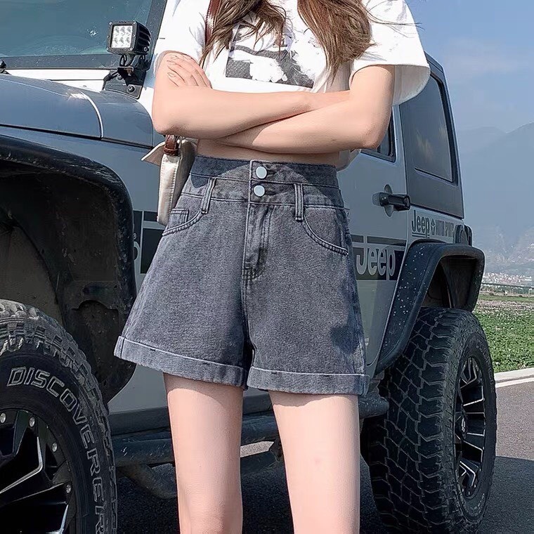 Quần sooc bò jean nữ ngố ống suông rộng short jean cạp cao phong cách Hàn Quốc | BigBuy360 - bigbuy360.vn
