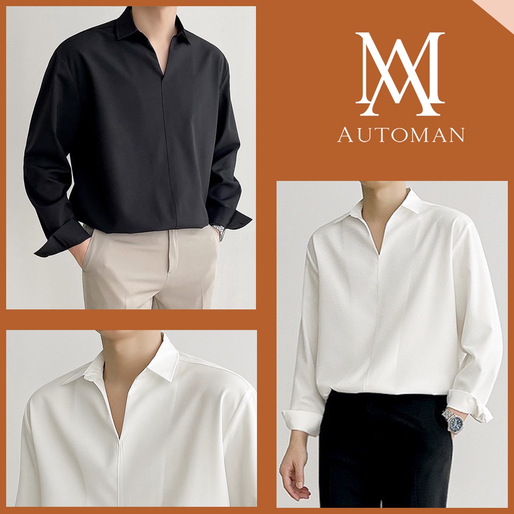Sơ mi nam cổ chữ V, form rộng Unisex nam nữ tay dài không có khuy phong cách Hàn Quốc AUTOMAN A67