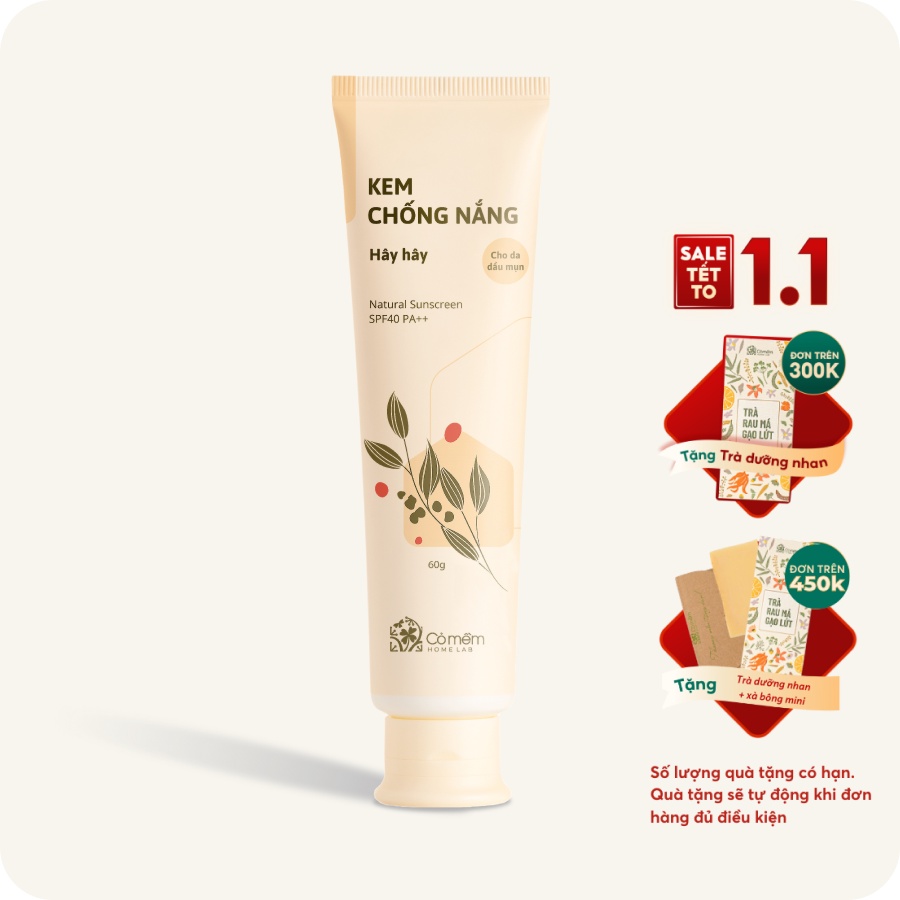 Kem Chống Nắng Thiên Nhiên Thấm Nhanh An Toàn Cho Mẹ Bầu Hây Hây Chống Nắng SPF 40, PA ++ Cỏ Mềm 60g