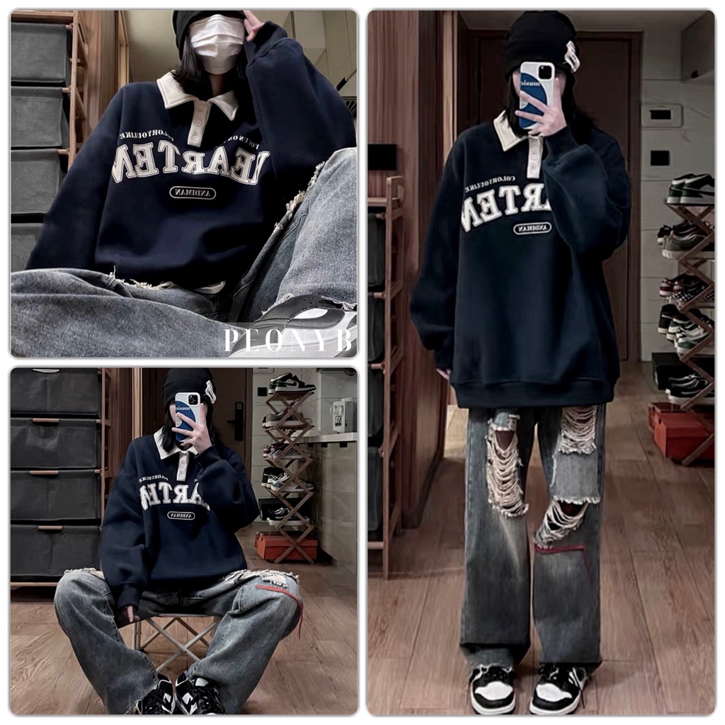 Áo sweater polo Rear PEONYB Unisex [FREESHIP] Nỉ form rộng tay phồng kiểu dáng đường phố cá tính hàn