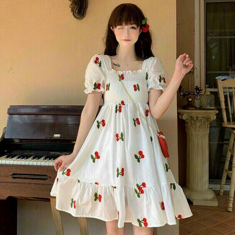 Váy đầm nữ babydoll tay phồng họa tiết trái cây siêu dễ thương dành cho các bạn nữ tuổi teen