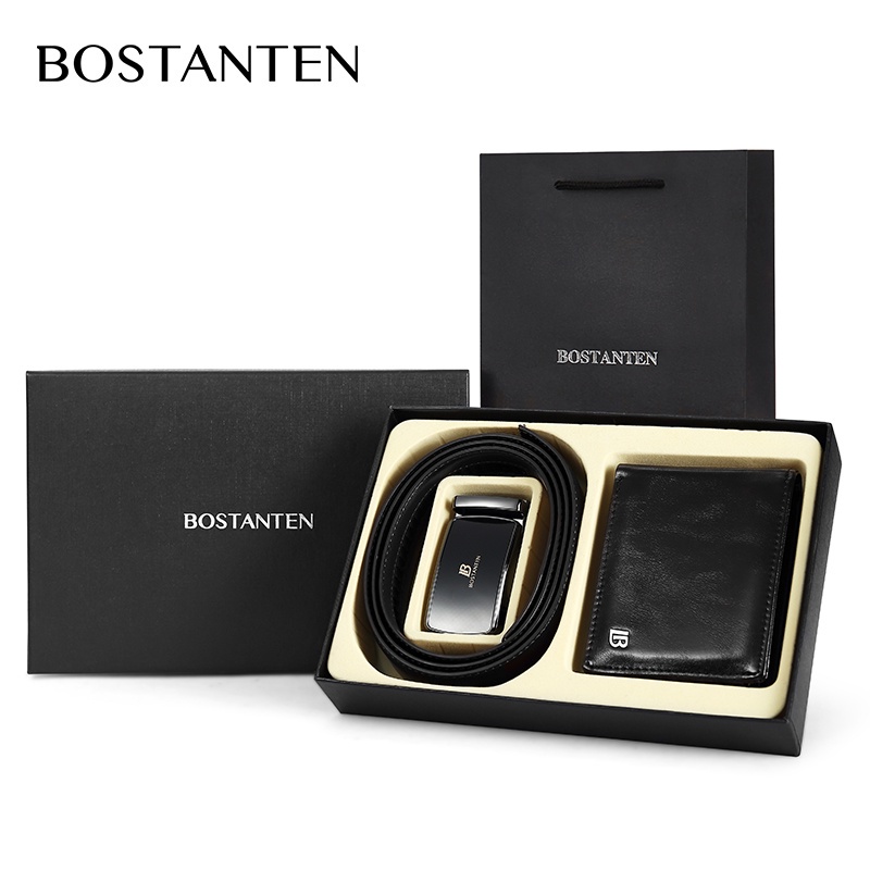 Bộ ví và dây thắt lưng kết hợp BOSTANTEN bằng da bò 125cm có thể tháo rời cho nam *