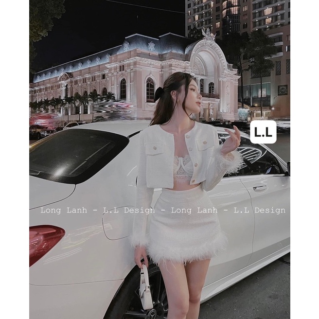 Set dạ chân váy kèm áo khoác phối lông vũ chuẩn form hàng thiết kế