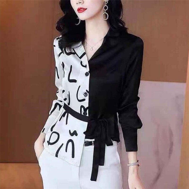 Áo Sơ Mi Vải Lụa Giả Lụa Lệch Tà Màu Sắc Tương Phản Thời Trang Xuân Hè Cho Nữ#Áo Sơ Mi Cơ Bản 39; s Base Shirt