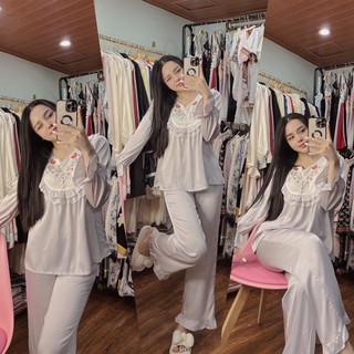 BỘ LỤA DÀI QUẢNG CHÂU CỔ THÊU HOA XINH