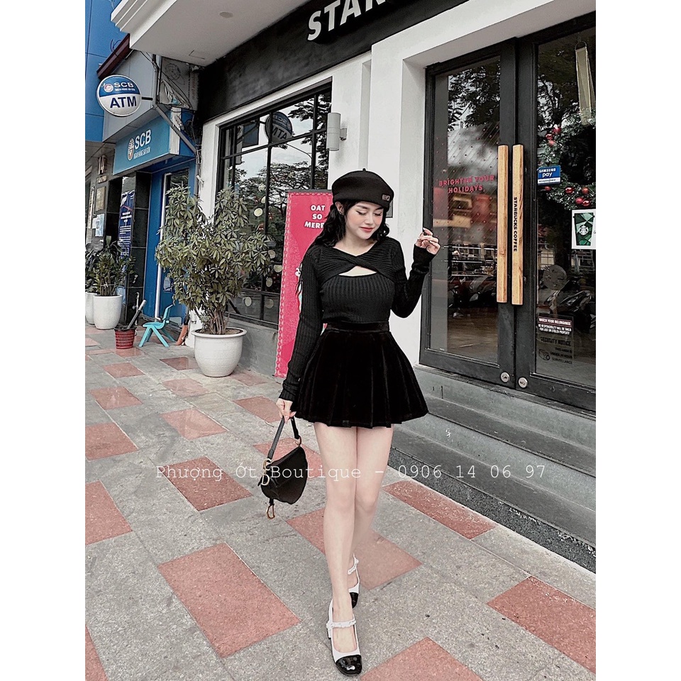 Áo Thun Gân Cổ Tròn Kèm Đắp Chéo Khoét Ngực Dài Tay Dễ Thương TTSA2034