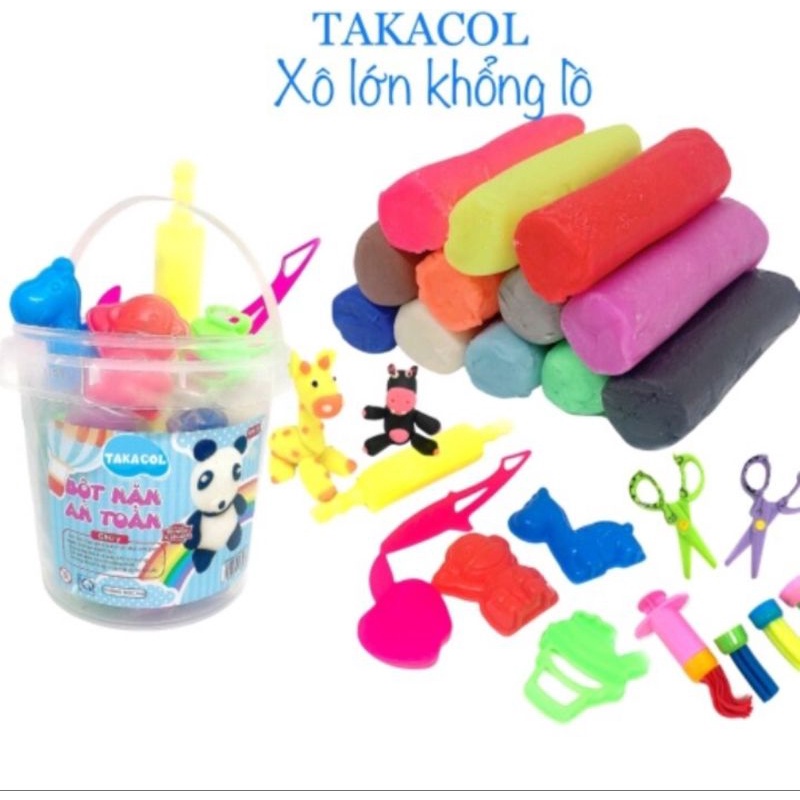 Đất nặn an toàn cho bé bột nặn TAKACOL có khuôn chơi kèm theo chủ đề gồm (1 xô 12 màu +khuôn + dao,+ kéo+ống làm bún)