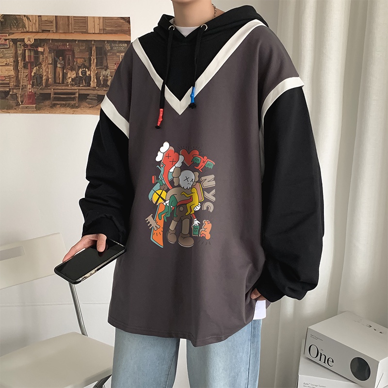 Áo Hoodie Giả Hai Lớp Dáng Rộng In Chữ Hoạt Hình Phối Dây Rút Phong Cách Hàn Quốc Thời Trang Cho Nam