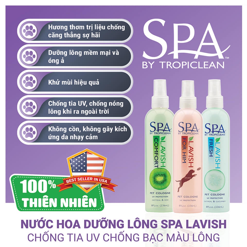 Xịt dưỡng lông - nước hoa cho chó mèo Tropiclean nước hoa tự nhiên spa cao cấp chai 236ml