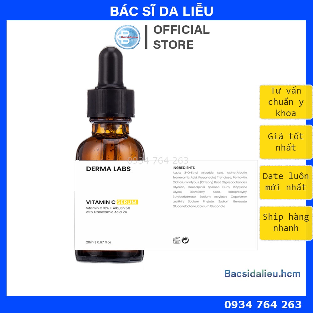 Serum Vitamin C Glowy - Derma Labs (20ml) 10% C, 5% arbutin, 2% tranexamix acid mờ thâm nám, dưỡng trắng