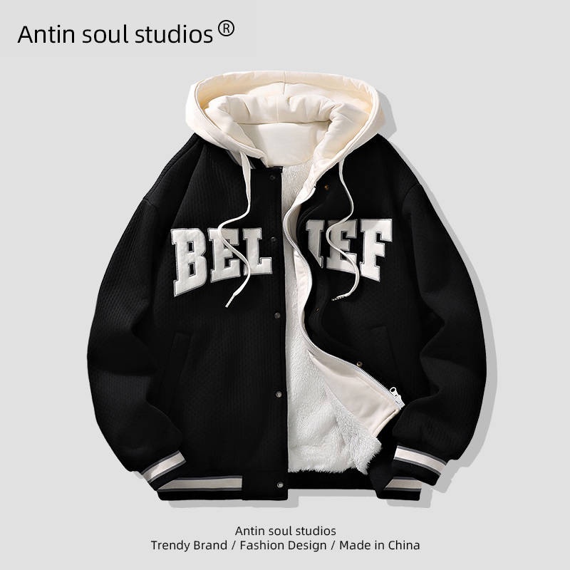 Áo Khoác Bomber Giả Hai Lớp Lót Lông Cừu Dày Dặn Phong Cách Hip Hop Đường Phố Mỹ Thời Trang Mùa Đông Cho Nam