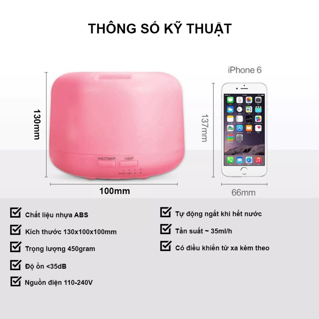 Máy khuếch tán tinh dầu Trụ Tròn, dung tích 500ML, có điều khiển, đèn led 7 màu, bảo hành 6 tháng