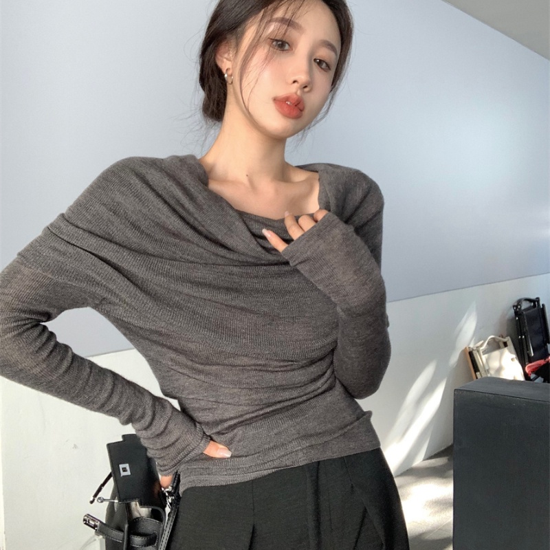 COZOKC COZOK Áo thun dệt kim COZOK trễ vai mỏng dài tay