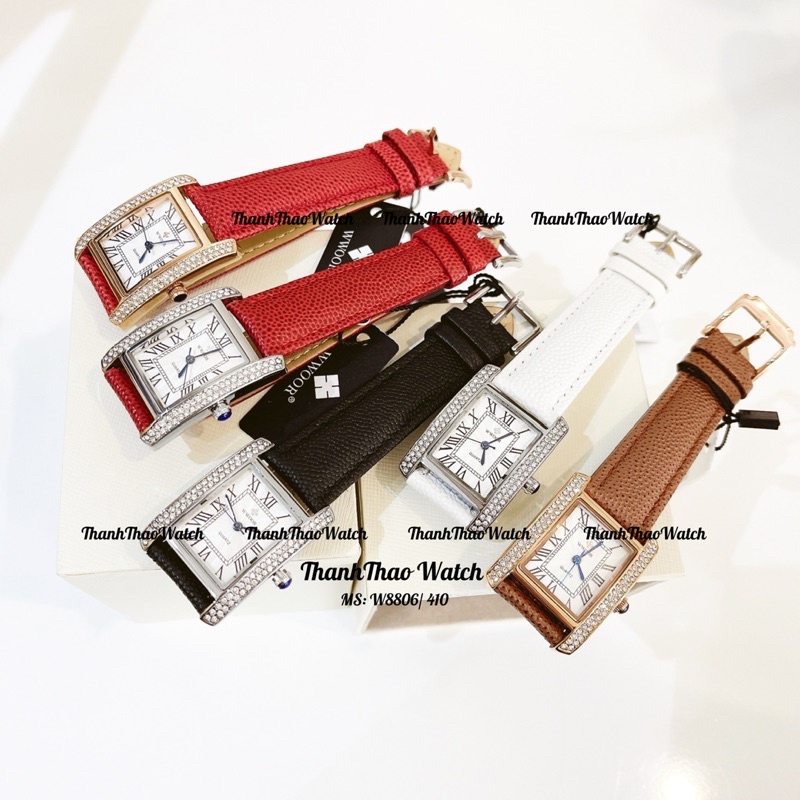 Đồng Hồ Nữ Đeo Tay Đẹp THANHTHAO WATCH, Đồng Hồ Dây Da Chữ Nhật Viền Đá Chính Hãng W8806