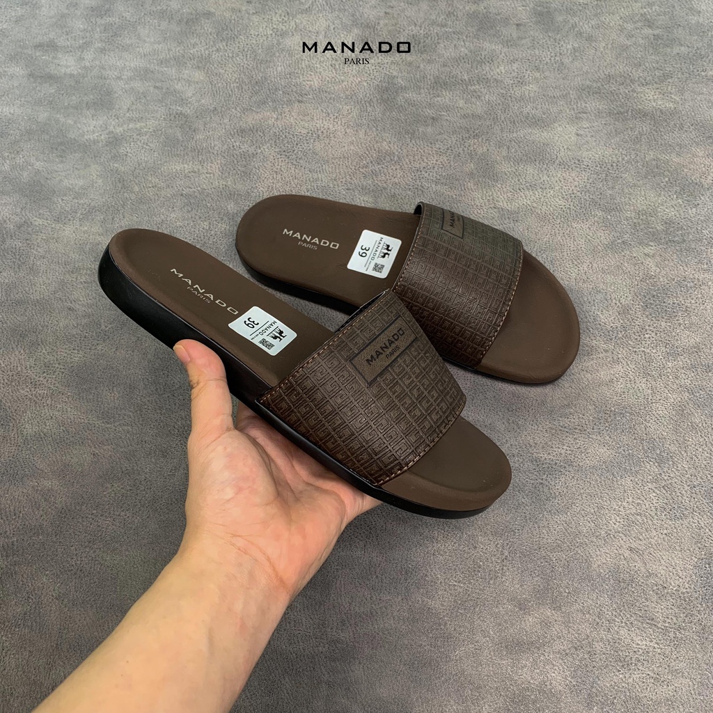 Dép da nam quai ngang cao cấp Manado Mã MND03 màu nâu fullbox, quai da mềm mại, đế cao su thiết kế chắc chắn