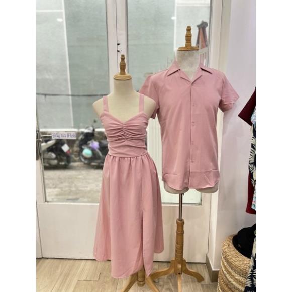 Set áo đôi sơ mi đầm hai dây màu hồng nhẹ nhàng dành cho couple phong cách Hàn Quốc