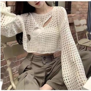 Áo dệt kim tay dài nữ CBMOI cổ tròn thời trang Hàn Quốc thiết kế khoét lỗ dáng rộng