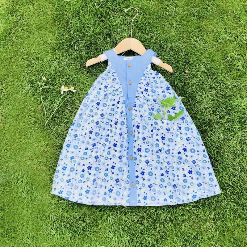 Đầm cho bé gái dún dọc chất thô cotton thoáng mát, 2 màu