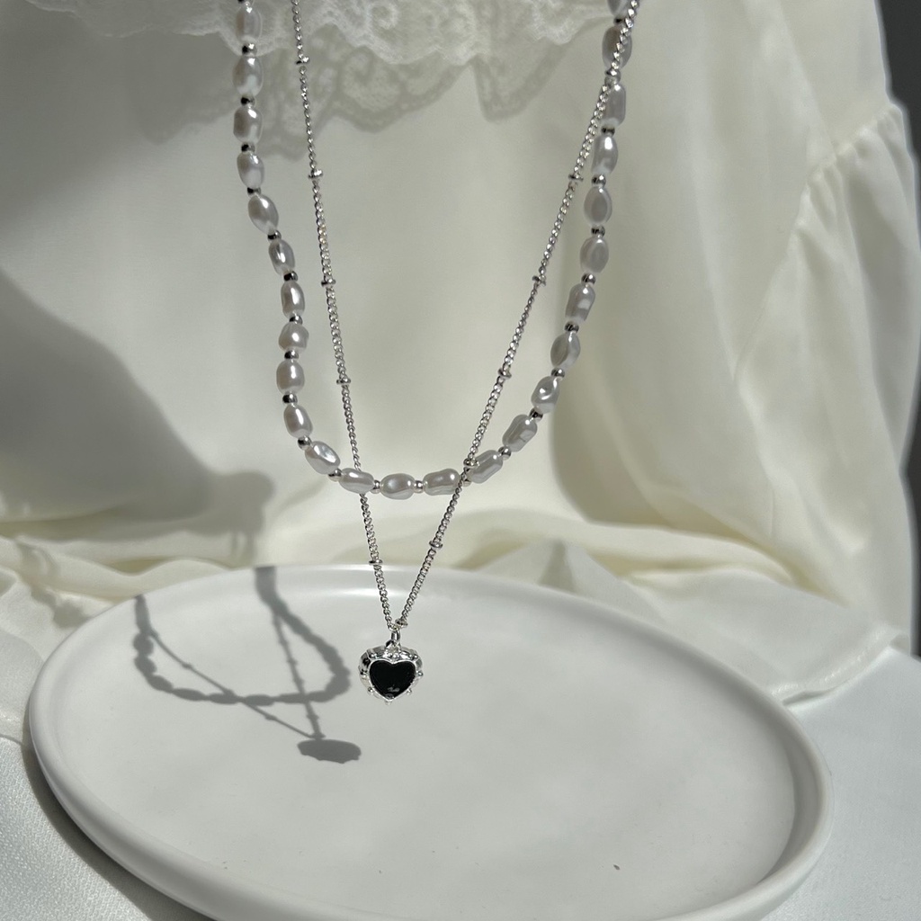 Dây chuyền mặt hình trái tim phối dây ngọc trai nhân tạo set 2 dây rời N195 Choker Club