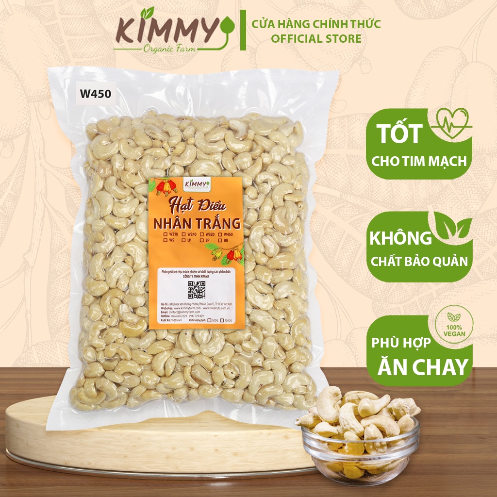 Hạt Điều Tươi Nguyên Hạt W450 Nhân Trắng Sống 1KG - Hạt Dinh Dưỡng Chất Lượng Cao Dùng Để Làm Sữa, Làm Bánh - Kimmy Farm