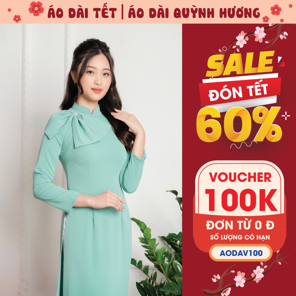 Áo dài Tết lụa mỹ xanh mint cổ truyền thống đính nơ by Quỳnh Hương