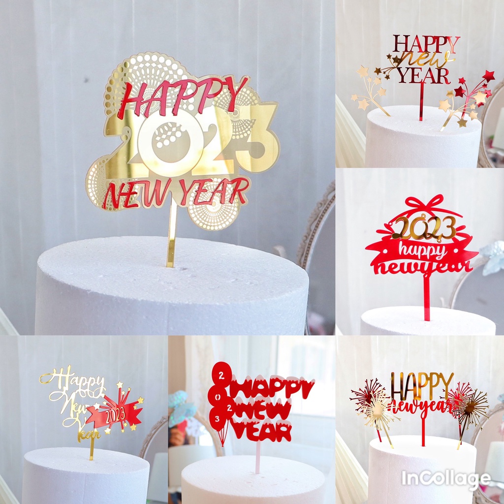 Phụ kiện gắn trang trí bánh kem Happy new year 2023