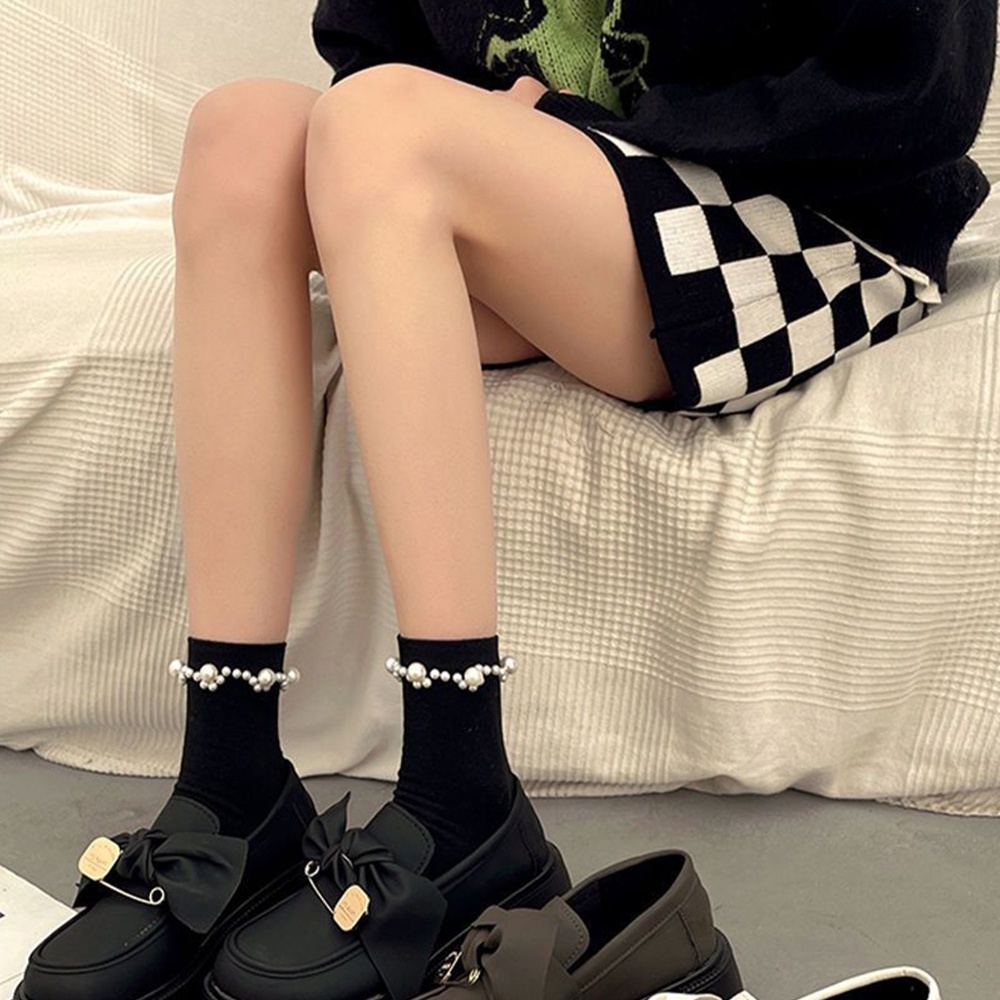 Vớ Ống Mềm Mại Thoáng Khí Đính Ngọc Trai Trắng Đen Phong Cách Lolita Nhật Bản