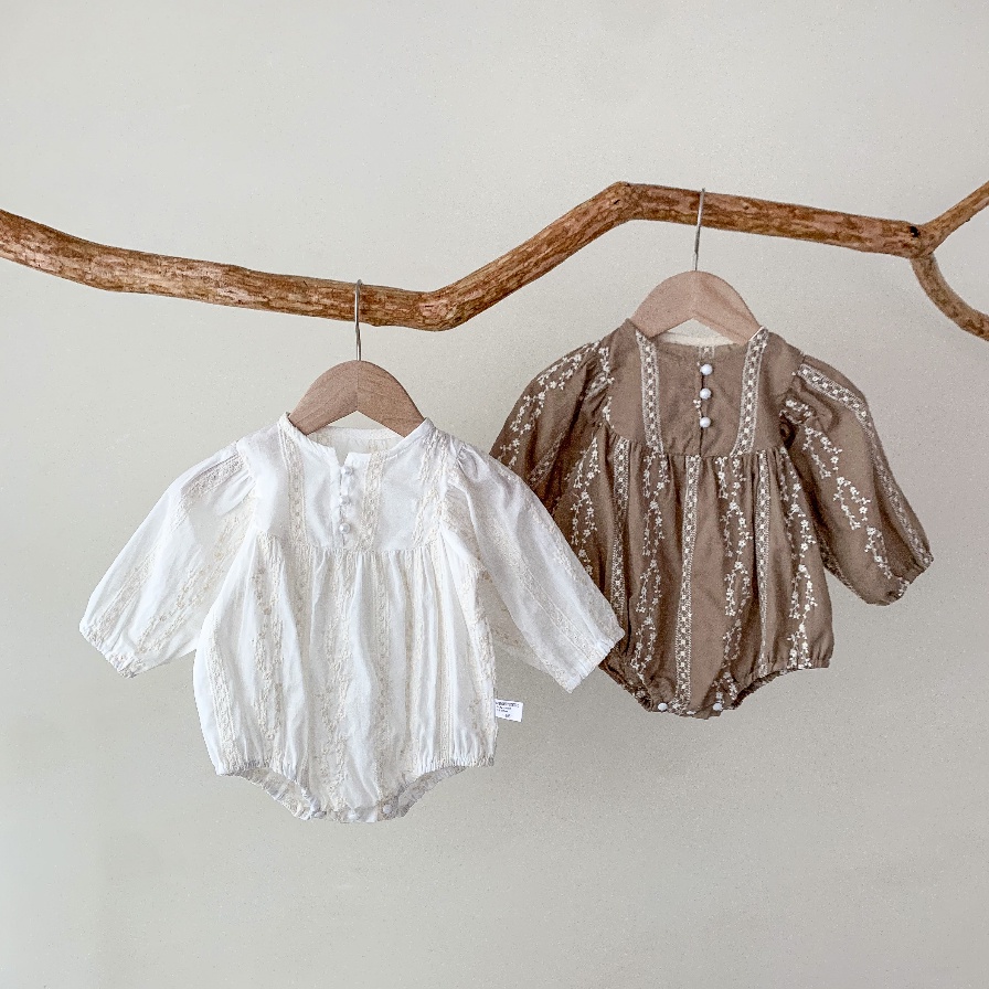 Áo liền quần thêu họa tiết viền ren đính ngọc trai nhân tạo xinh xắn cho bé gái