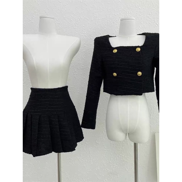 Set áo dạ đen nhũ cổ vuông + chân váy xếp ly khuy vàng siêu xinh⚡  Váy dạ đen hàng 2 lớp dày siêu hot
