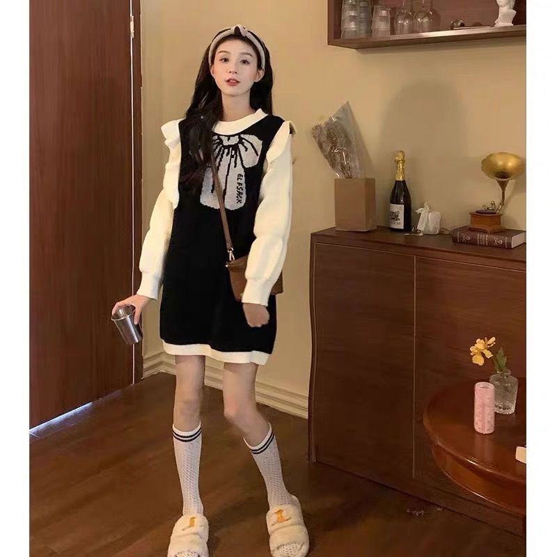 [Giao Ngay] Đầm Dệt Kim Tay Phồng Giả Hai Mảnh Ghép Nấm Nhỏ Phong Cách Preppy Dễ Thương