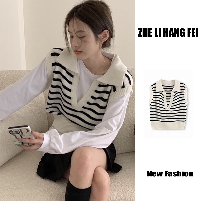 Áo dệt kim ZHELIHANGFEI sát nách lưng cao kẻ sọc cá tính dễ phối đồ