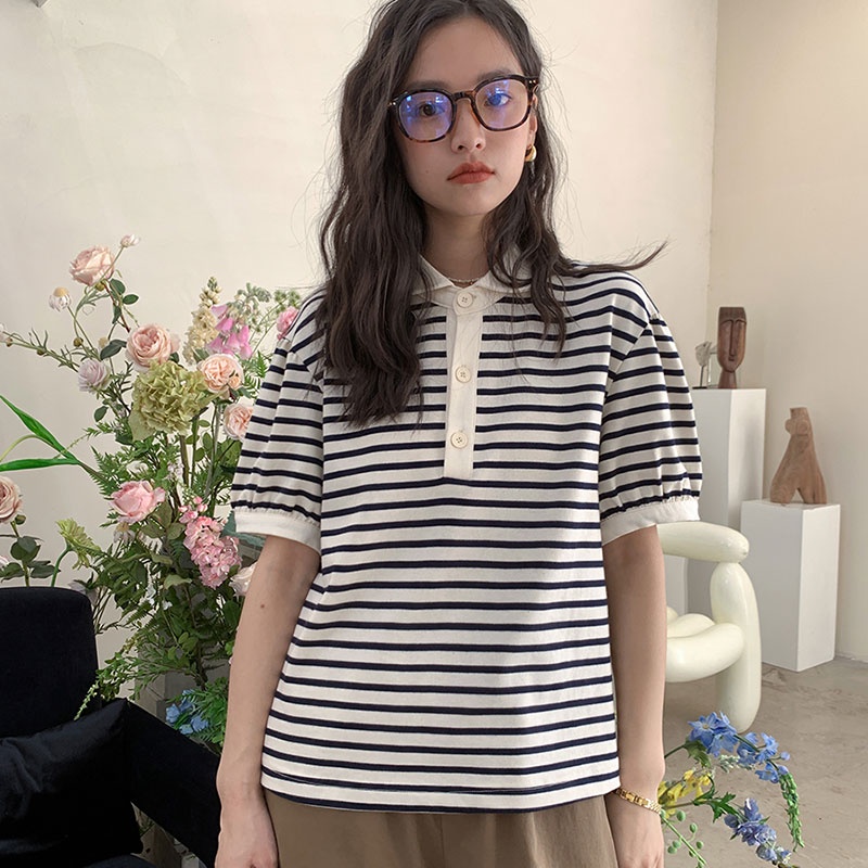 Áo polo Ngắn Tay Dáng Rộng Họa Tiết Kẻ Sọc Thời Trang Hàn Quốc Cho Nữ