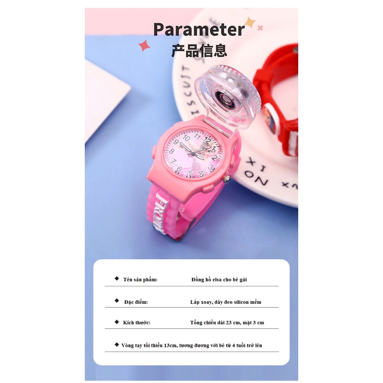 Đồng hồ bé gái thiết kế nắp xoay 180 độ cho trẻ em từ 4 tuổi đến 15 tuổi đeo tay hình công chúa elsa đẹp xinh ESX
