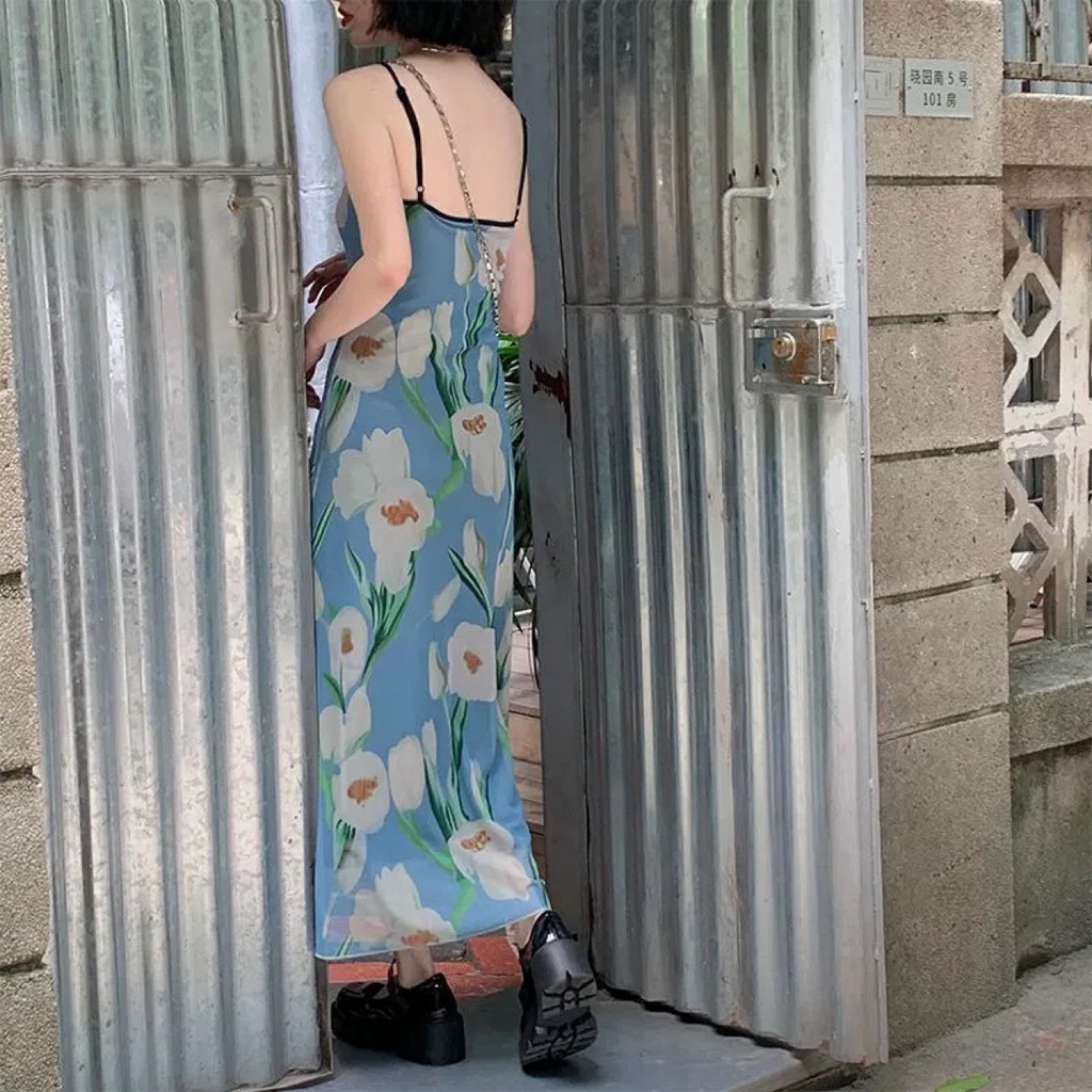 Đầm Hai Dây Cổ Vuông In Họa Tiết Hoa Thời Trang Quyến Rũ Cho Nữ