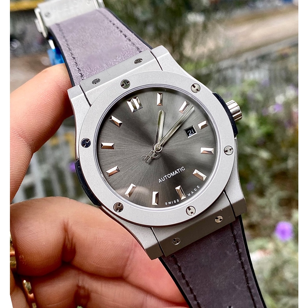 Đồng hồ nam H002 máy cơ Automatic mặt Xám dây da lộn viền trơn chống cước 3ATM