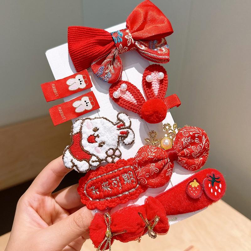 PVN56680 Set 9 Kẹp Tóc Hình Nơ Thêu Họa Tiết Phong Cách Trung Hoa Mừng Năm Mới Cho Bé Gái