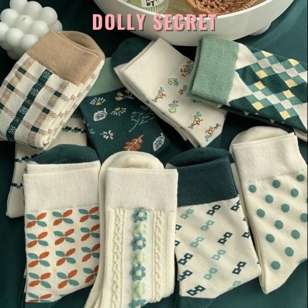 Set 5 đôi tất vớ vintage thổ cẩm cao cổ nữ phong cách Giáng Sinh Noel tone màu xanh két DOLLY SECRET T21