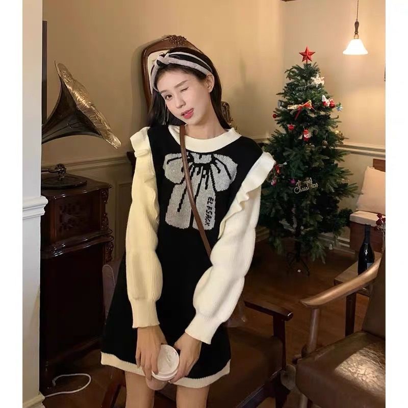 [Giao Ngay] Đầm Dệt Kim Tay Phồng Giả Hai Mảnh Ghép Nấm Nhỏ Phong Cách Preppy Dễ Thương