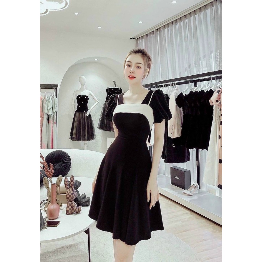 (Sale FreeShip) Đầm đen tay phồng dáng xòe,đầm nữ phối màu cực xinh,chất nhung cao cấp diện đi đâu cũng xuất sắc
