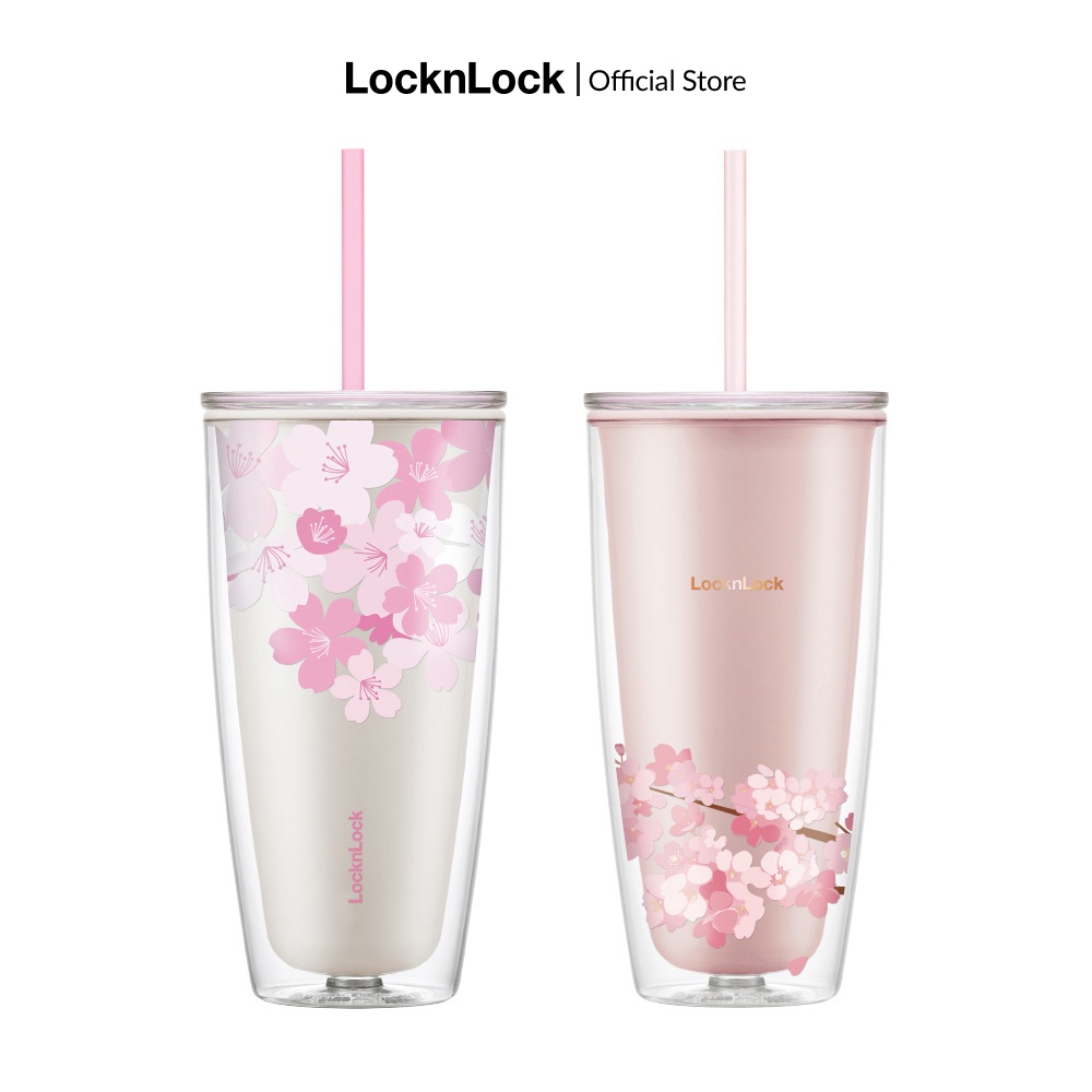 Ly nhựa 2 lớp Cherry Blossom kèm ống hút Lock&Lock 750ML - HAP509 (màu trắng và hồng)