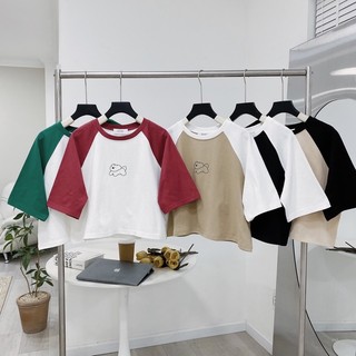 Áo thun croptop cotton phối màu in hình nhiều màu freesize Pumi
