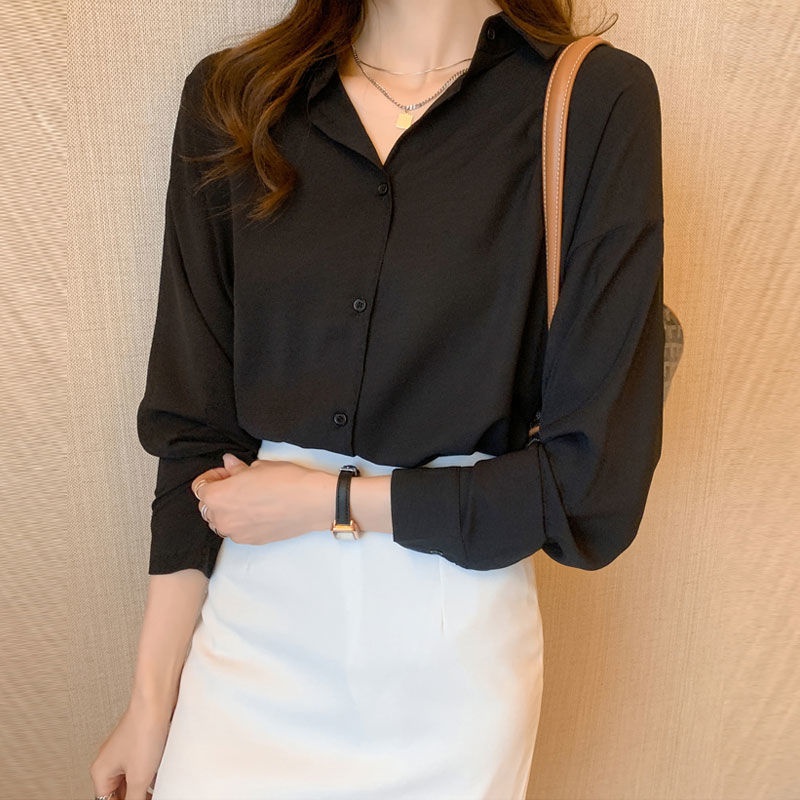 Áo Sơ Mi Chiffon Dáng Rộng Tay Dài Màu Trơn Kiểu Hàn Quốc Thời Trang Công Sở Cho Bạn Gái