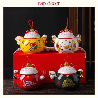 Hũ đựng mứt, trà hình mèo Thần Tài, Thố mứt Tết 2023 bằng sứ, khay đựng bánh kẹo ngày Tết cao cấp hộp quà tặng Tết