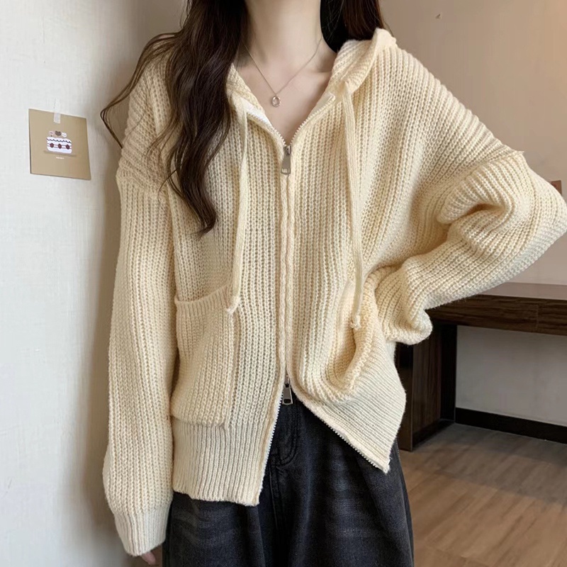 IELGY  IELGY   Áo Khoác cardigan Dệt Kim Có Mũ Trùm Phối Khóa Kéo Đôi Cho Nữ